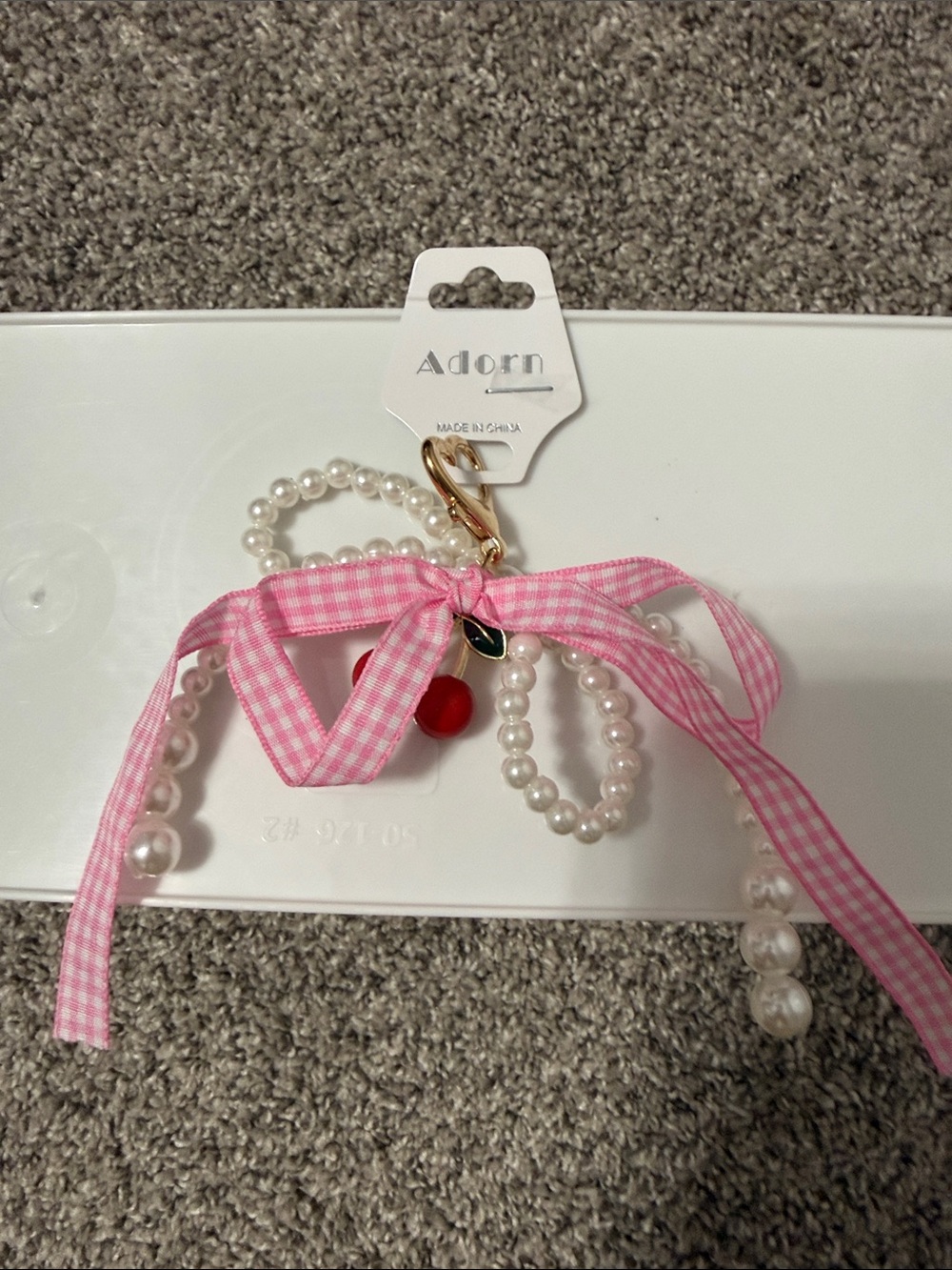 Adorn Pink Pearl Keychain with Ribbon and Cherry Charm
